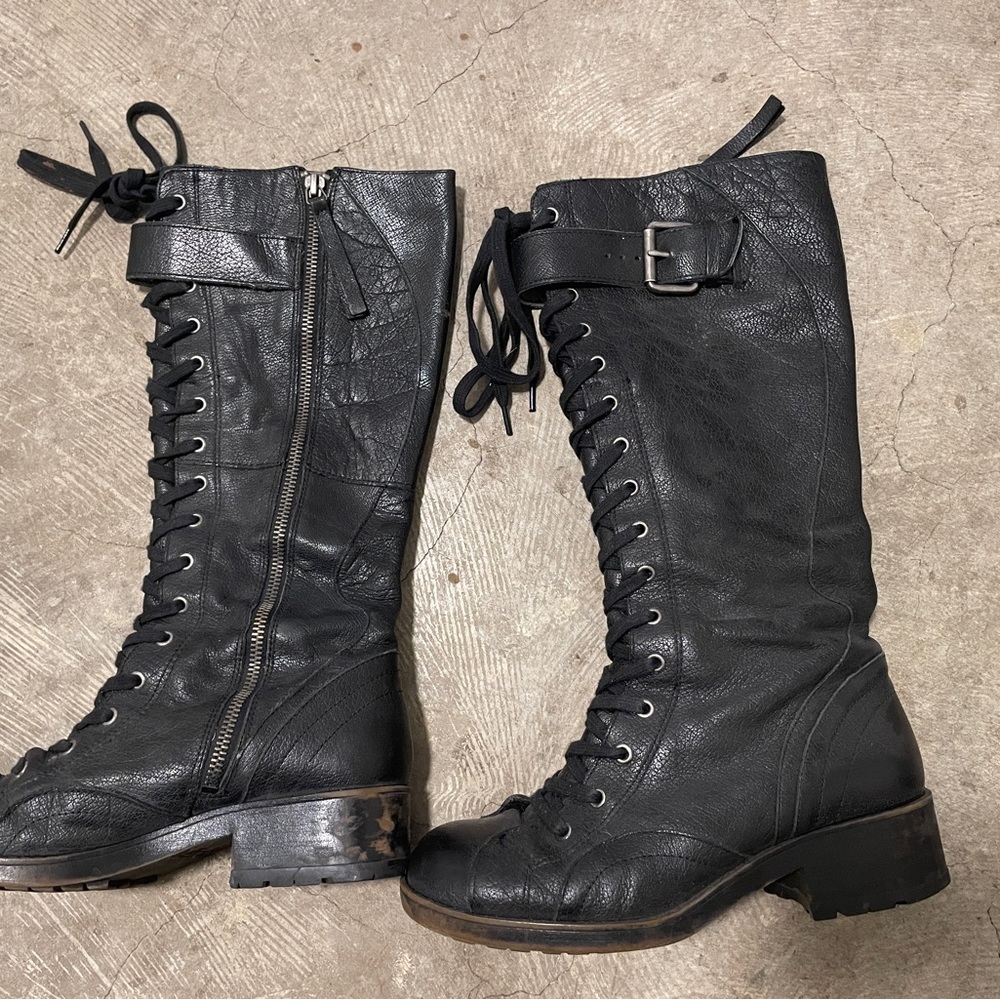 Nine West Black Knee High Combat Boots Used Good Conditon Genuine Leather Zip